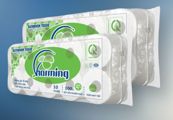 Giấy vệ sinh cuộn nhỏ 2 lớp (charming xanh lá; túi = 10 cuộn)
