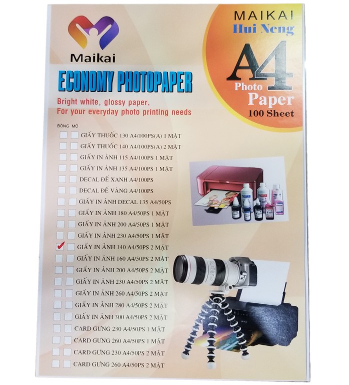 Giấy in dạng tờ A4 (in ảnh A4-2MB 140 - 50 tờ / xấp)
